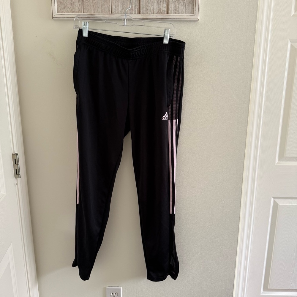 Adidas Black and Pink Track Pants with Signature Stripes
